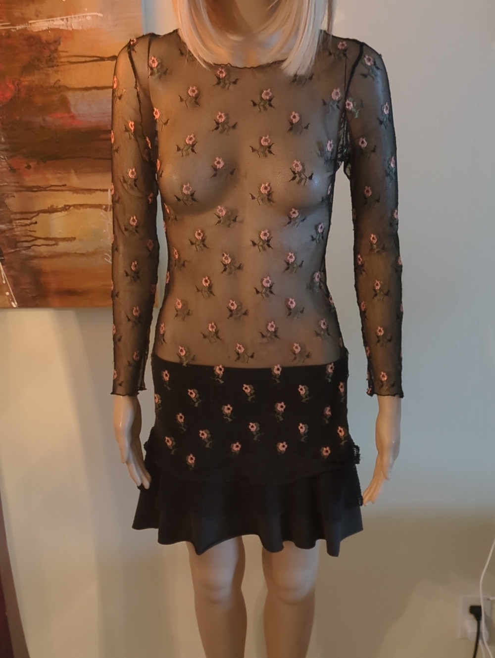 Sheer Floral Embroidered Black Long-Sleeve Tunic, Size S.
